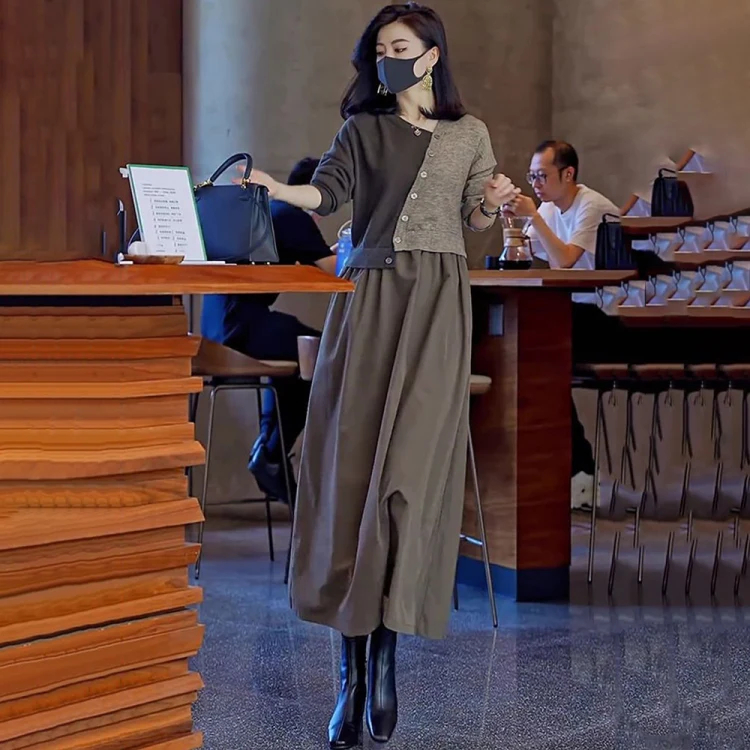 【限時活動 貨到付款】針織假兩件連衣裙，上身減齡顯氣質！